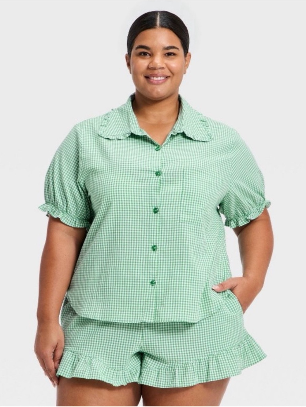 Target Green Gingham Short Pajama Set - Women's Button-Front Top & Ruffle Shorts